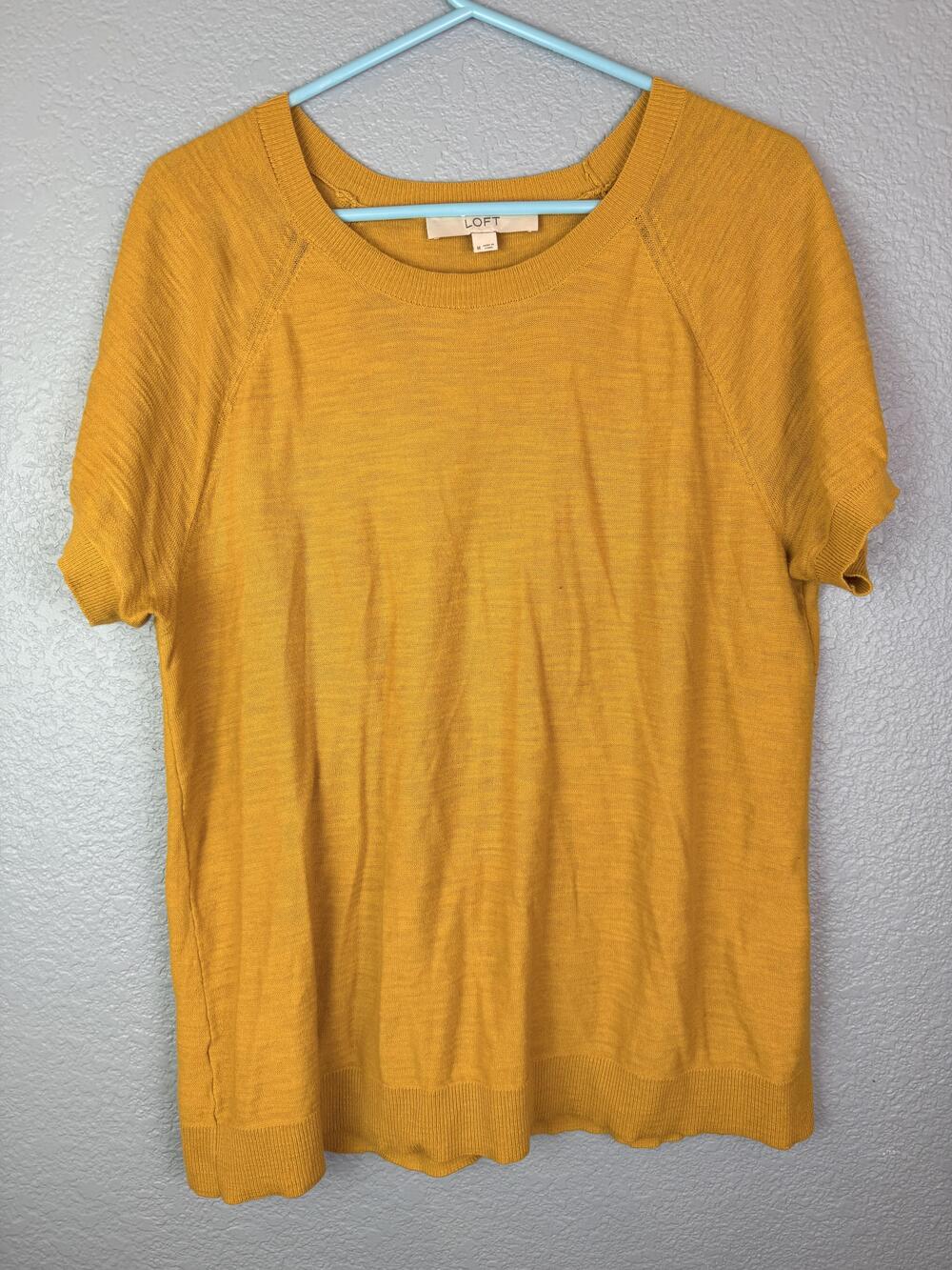 LOFT Sweater Womens Medium Yellow Short Sleeve Cotton Crewneck Knit Pullover